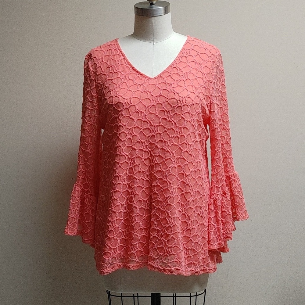 Last Call! Alfani Salmon Embroidered Mesh 3/4 Ruffled Sleeve Top L